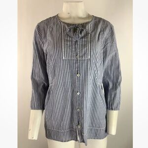 J. Jill Sz M Embroidered Striped Button Tunic Top Blue White 100% Cotton